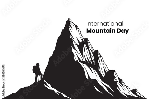 Silhouette of mountain climber near a mountain with international mountain day text on white background