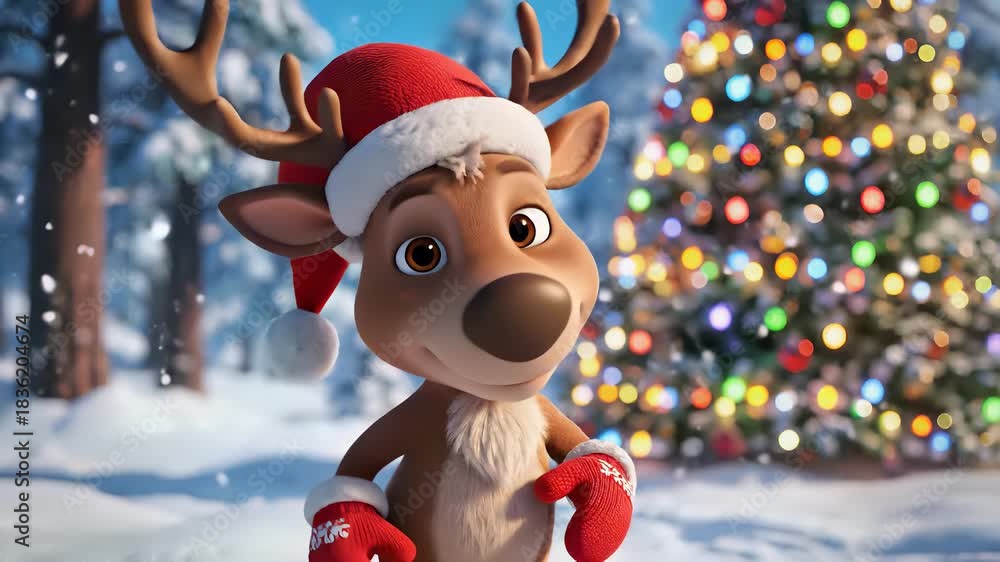 Xmas Tree From Rudolph Rudolph the reindeer proudly stands in front of a towering Christmas ...