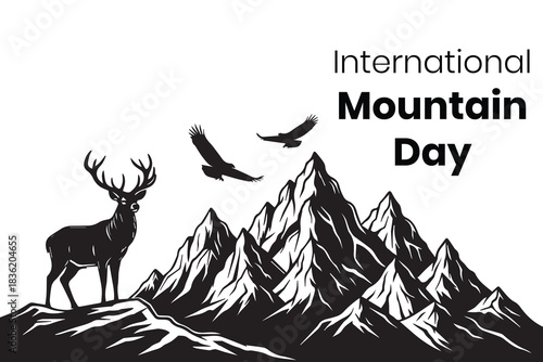 Black and white illustration of international mountain day with deer and eagles flying above peaks