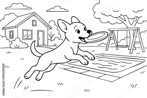 A dog is playing with a frisbee in a backyard. The dog is jumping in the air to catch the frisbee. The backyard has a swing set and a house in the background