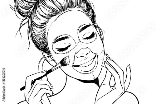 A woman is drawing a face with a brush. She is smiling and she is happy. The brush is in her hand and she is using it to apply makeup