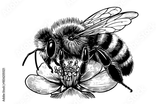 A black and white drawing of a bee on a flower. The bee is laying on the flower, and the flower is in the center of the image. Scene is calm and peaceful, as the bee is resting on the flower