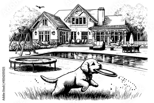 A dog is running in a yard with a frisbee in its mouth. The yard is surrounded by a house and a pool