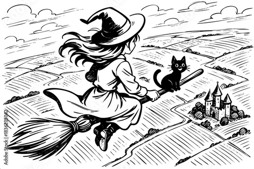 A young girl is riding a broomstick with a cat on her back. The scene is set in a rural area with a castle in the background. Scene is whimsical and playful, as the girl