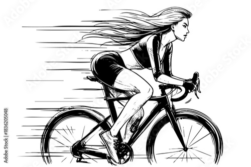 A woman is riding a bicycle with her hair blowing in the wind. Concept of freedom and exhilaration, as the woman is enjoying the rush of the wind against her face and the feeling of speed as she rides