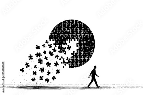 A man walks past a puzzle with pieces scattered all over the ground. The puzzle is incomplete, and the man is in a hurry. Concept of urgency and the idea that time is running out to solve the puzzle