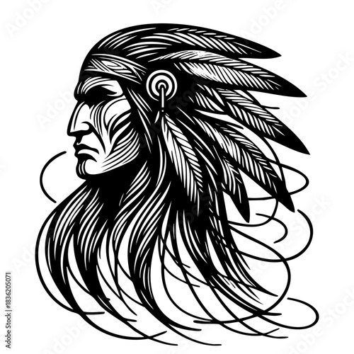 A man with a headdress and feathers on his head. The man is wearing a black headdress and has feathers on his head