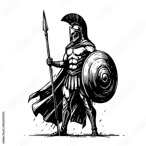 A black and white drawing of a warrior with a shield and spear. The warrior is standing with his shield in front of him and his spear is held in his right hand. Scene is one of strength