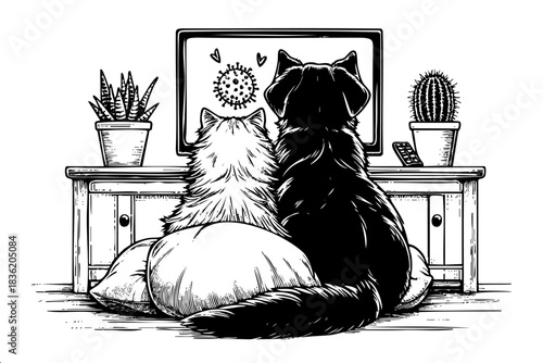 A black and white drawing of two dogs sitting on pillows in front of a television. The dogs are watching a show on the television