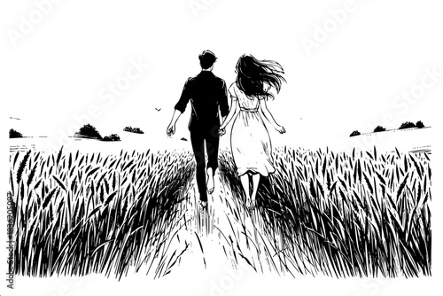 A man and woman run through a field. The man is wearing a suit and the woman is wearing a white dress. The scene is set in a field with tall grass