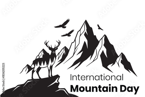 International mountain day illustration with deer, mountains, and eagles in black and white style