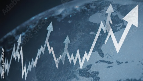 Conceptual globe overlayed with rising white arrows, illustrating growth and progress