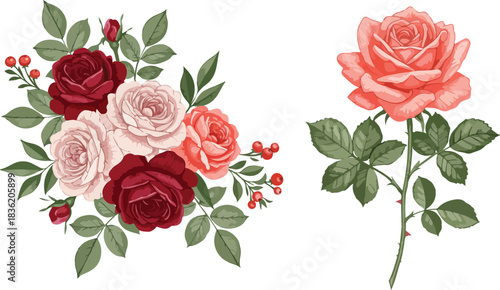 Elegant bouquet of vintage roses in shades of red pink and peach with a single rose stem