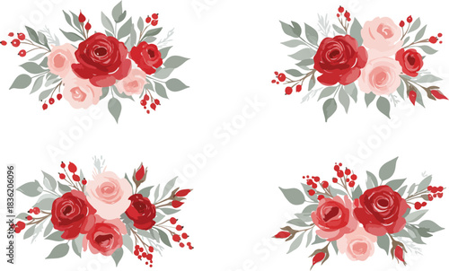 Elegant watercolor floral arrangements featuring deep red and soft pink roses with grey green foliage and red berries
