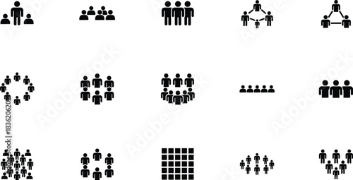 Minimalist group and community icons collection representing teamwork, collaboration, leadership, organization, unity, human figures, communication, and social connection concepts.