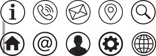 Minimalist web kontakt symbole set in bold silhouette style for digital and print use.