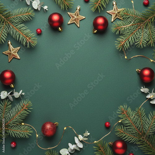 Circular Christmas frame with pine branches and red decorations