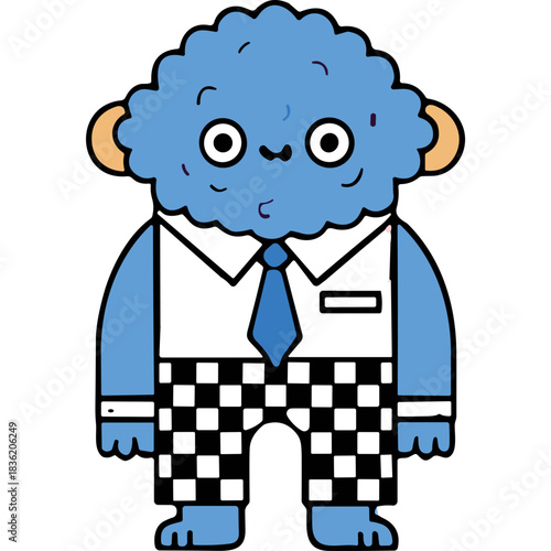 Whimsical Blue Furry Creature in Business Attire with Checkered Pants and Blue Tie Against a Black Background