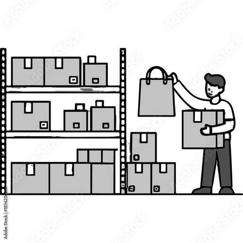 Warehouse worker carrying a box near shelves filled with cardboard packages in a storage facility with monochrome tones and simple illustration style