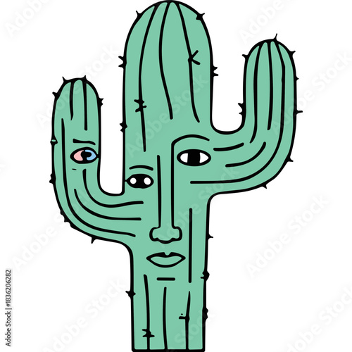 Whimsical Cartoon Cactus With Anthropomorphic Face And Uneven Eyes Set Against A Black Background
