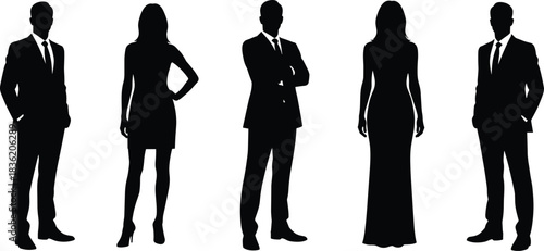 Elegant business and formal fashion man and woman silhouette vector set featuring standing poses for corporate branding, presentations, marketing, and creative design projects