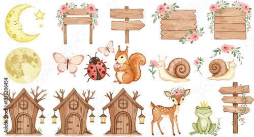 Whimsical watercolor woodland creatures and enchanted forest elements for children s designs
