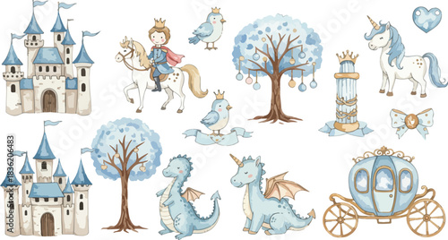 Whimsical watercolor collection of fairy tale elements including castles dragons unicorns and a prince on a horse