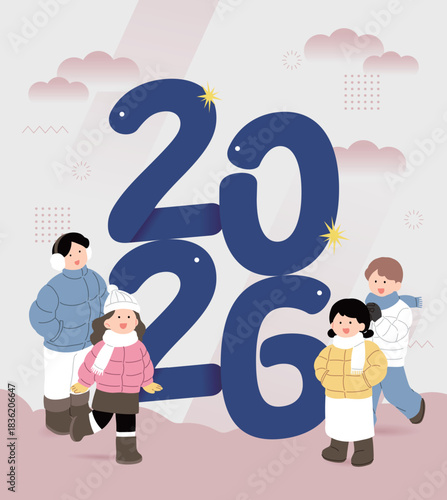 회색 배경 2026년의 해, 겨울 옷을 입은 사람들 일러스트