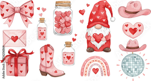 Valentine s day collection of cute hand drawn illustrations featuring a gnome cowboy boots and hearts