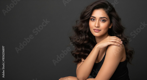 Wallpaper Mural Beautiful Young Woman with Wavy Hair Posing on Dark Background Torontodigital.ca