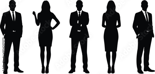 Professional business man and woman silhouette vector set featuring formal corporate poses for branding, presentations, marketing materials, design projects, and visual artwork