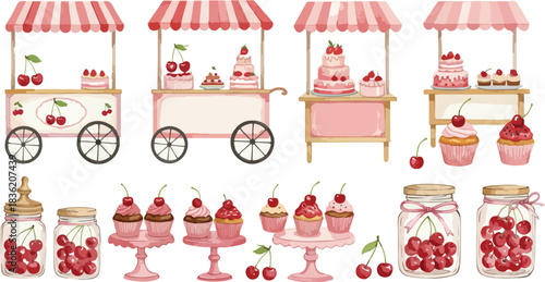 Whimsical watercolor collection of charming pink dessert carts and jars filled with sweet cherries and pastries