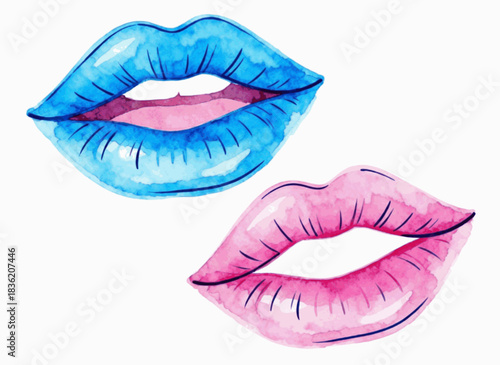 Artful Pout Lips Blue and Pink Pouts isolated watercolor vector illustration svg