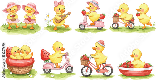 Adorable watercolor illustrations of cute baby chicks engaged in various playful activities and adventures on a white background