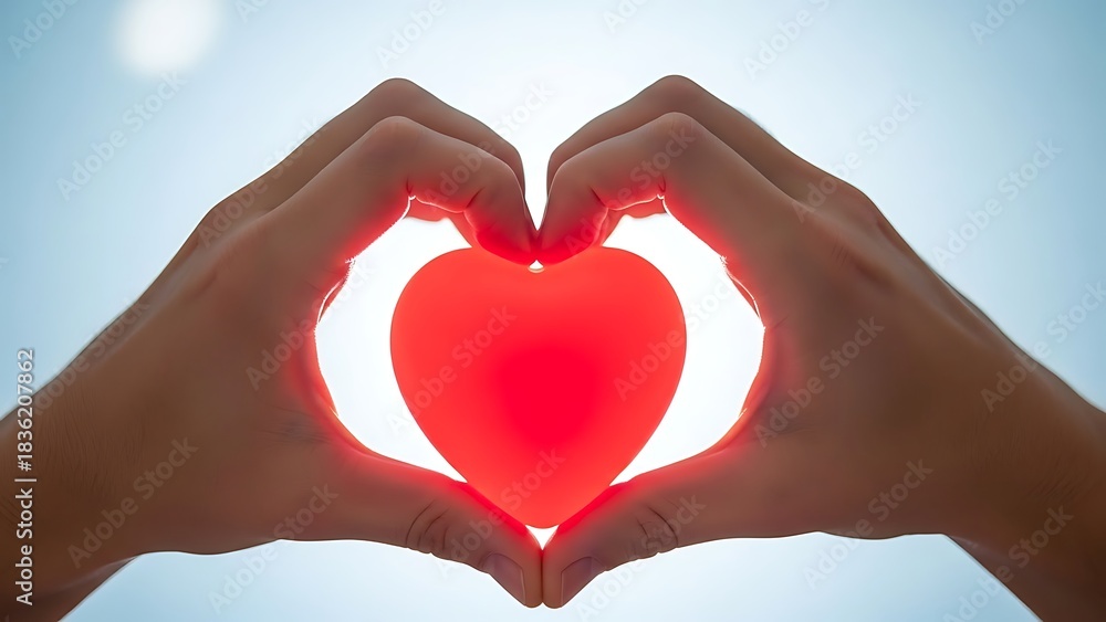Obraz premium Red Heart Shape Held by Hands with Backlighting on Pale Blue Background