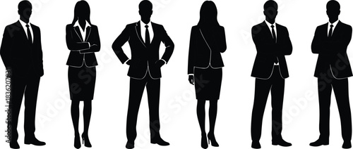 Professional business team silhouettes standing in formal corporate attire representing leadership, teamwork, office workforce diversity, modern organization, and corporate success concepts.