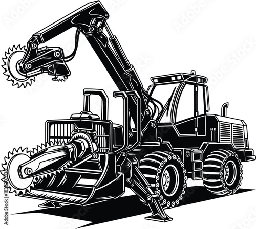 Black silhouette of a forestry harvester machine with saw attachments on white logging equipment