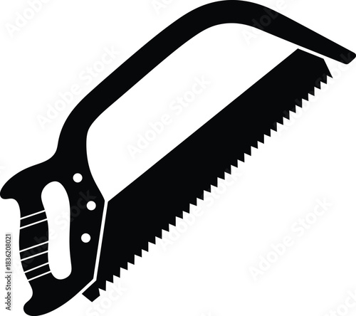 Black silhouette of a hand saw with a curved handle and sharp teeth on a white background tool carpentry