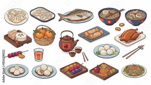 A vibrant collection of digital illustrations of food thar served at Lunar New Year, perfect for conveying festive greetings and cultural celebration. 