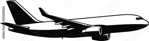 Black silhouette of a modern passenger airplane in flight on a white background aircraft airliner