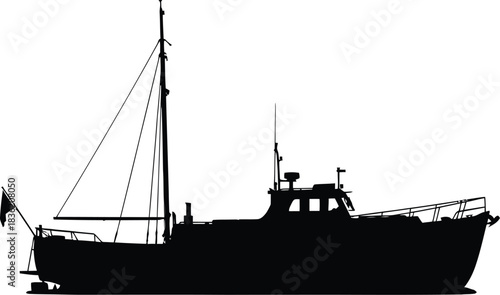 Black Silhouette of a Motor Yacht on a White Background boat motorboat