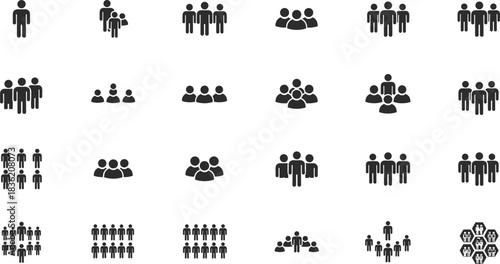 Modern collection of group, team, community, leadership, and people icons representing collaboration, business communication, unity, organization, and social connection concepts.