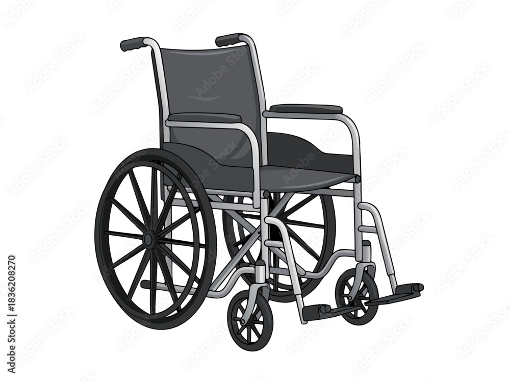 Fototapeta premium A monochrome illustration of a standard manual wheelchair with large spoked wheels and smaller front casters against a stark black background providing mobility assistance and support