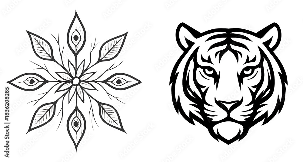Fototapeta premium Two black and white line art illustrations featuring a detailed tiger head and a stylized floral mandala