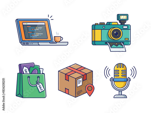 A collection of modern flat design icons representing technology, e-commerce, media, and digital services, including a laptop, camera, shopping bag, delivery box, and microphone.