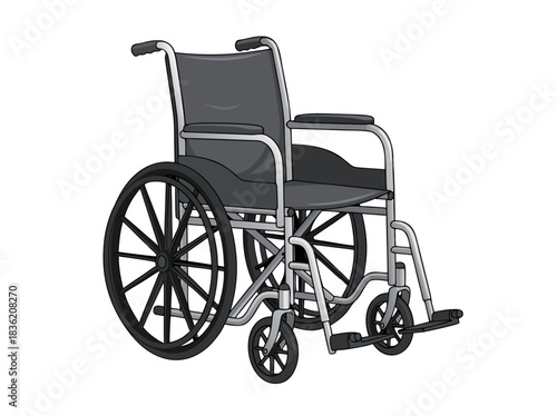 A monochrome illustration of a standard manual wheelchair with large spoked wheels and smaller front casters against a stark black background providing mobility assistance and support