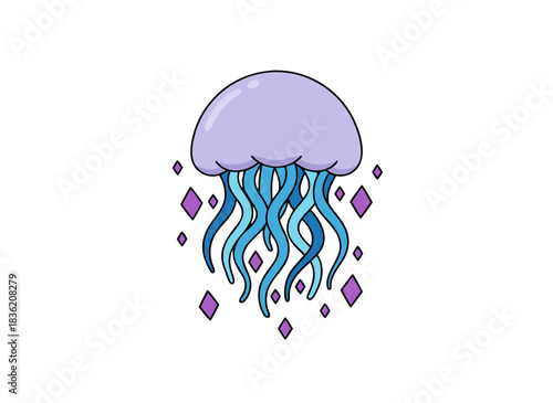 A pixel art illustration of a light purple jellyfish with blue tentacles and purple diamond sparkles against a black background