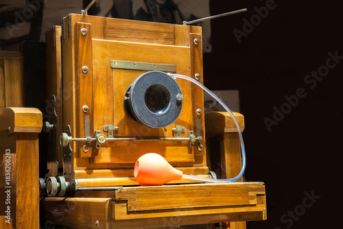 Vintage Large Format Wooden Camera with Squeeze Bulb