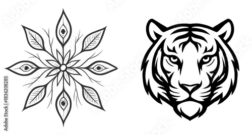 Two black and white line art illustrations featuring a detailed tiger head and a stylized floral mandala