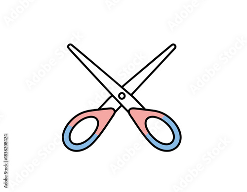 A simple illustration of scissors with pink and blue handles crossed over a black background, representing cutting or separation with a clean graphic design.